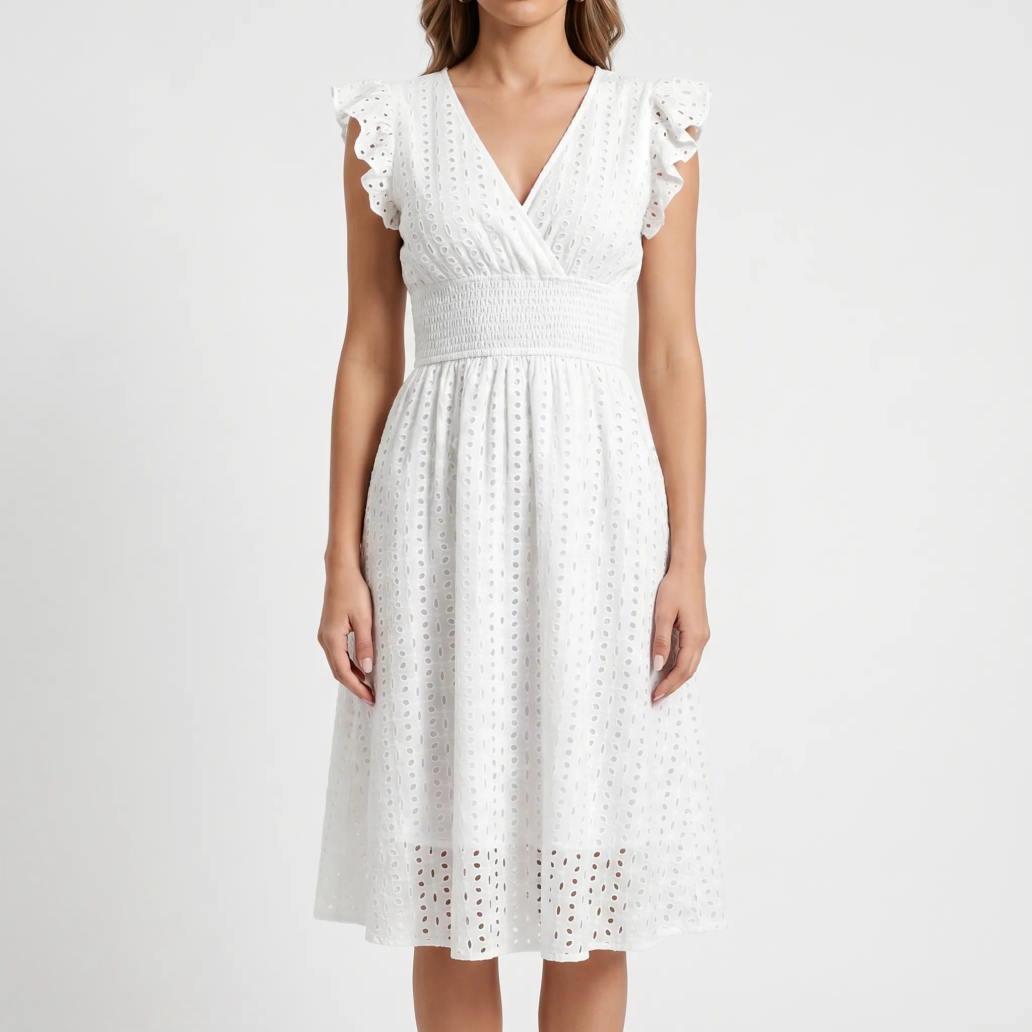 Jill  - Eyelet Midi Dress With Flutter Sleeves