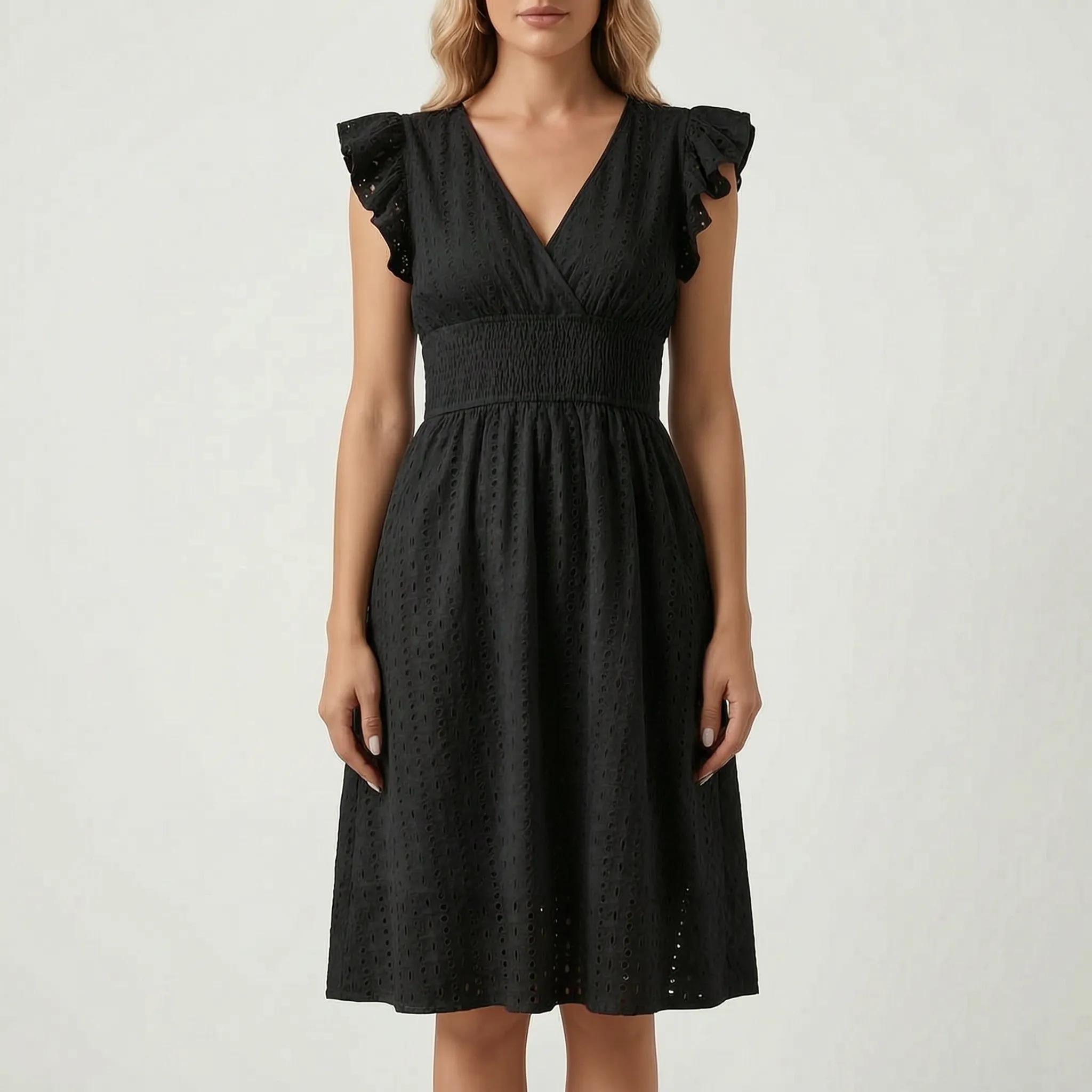 Jill  - Eyelet Midi Dress With Flutter Sleeves