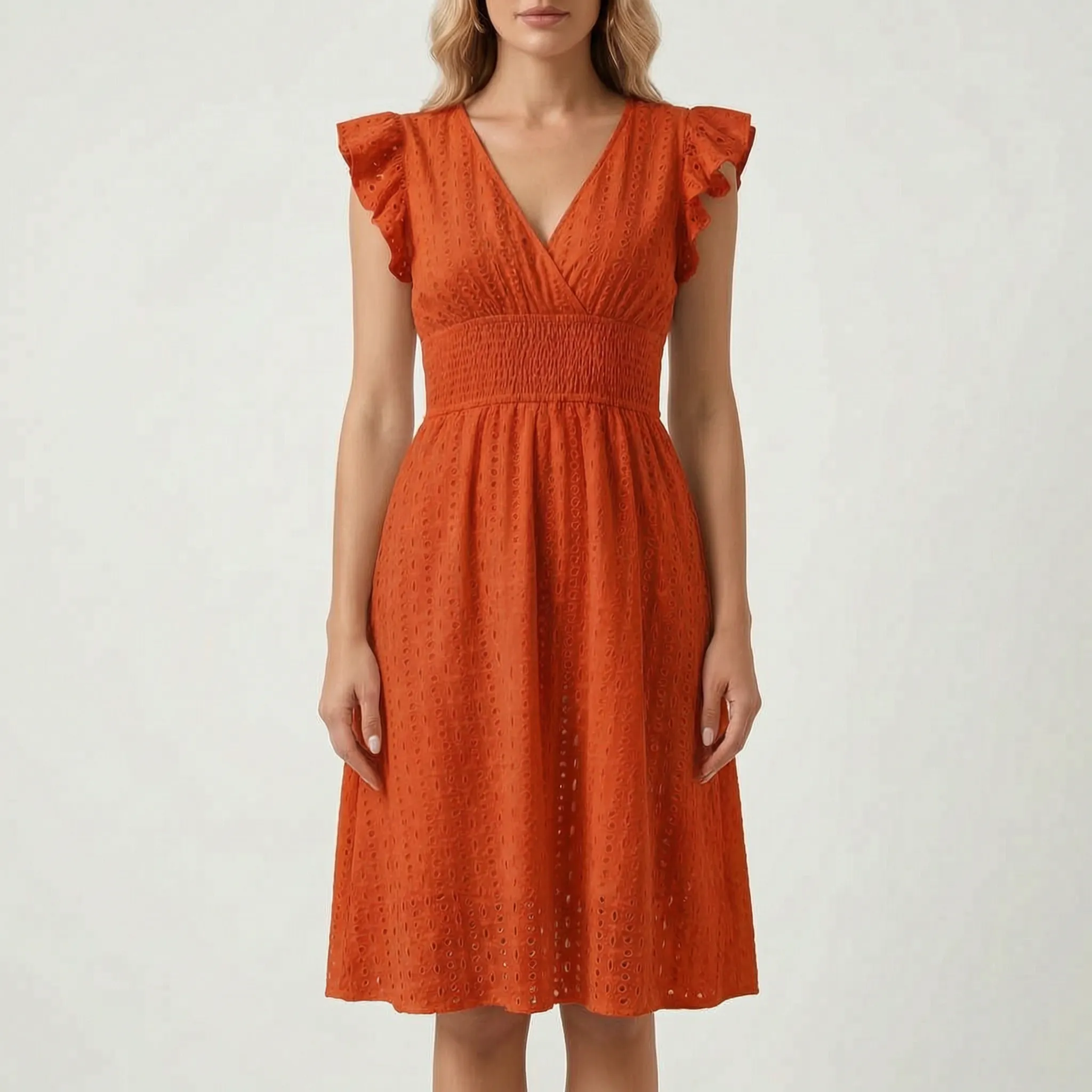 Jill  - Eyelet Midi Dress With Flutter Sleeves