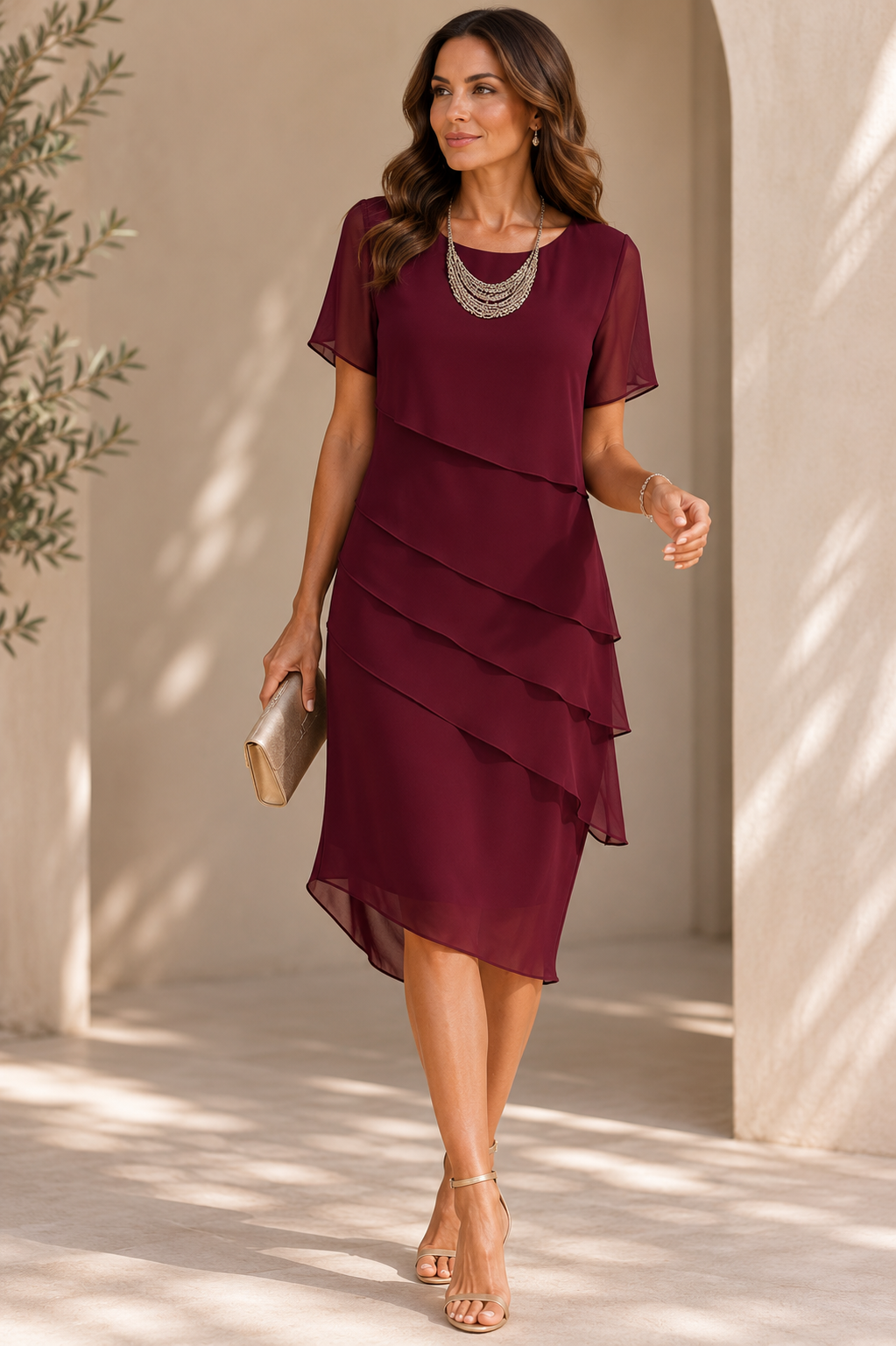 Susan - Layered Chiffon Occasion Midi Dress