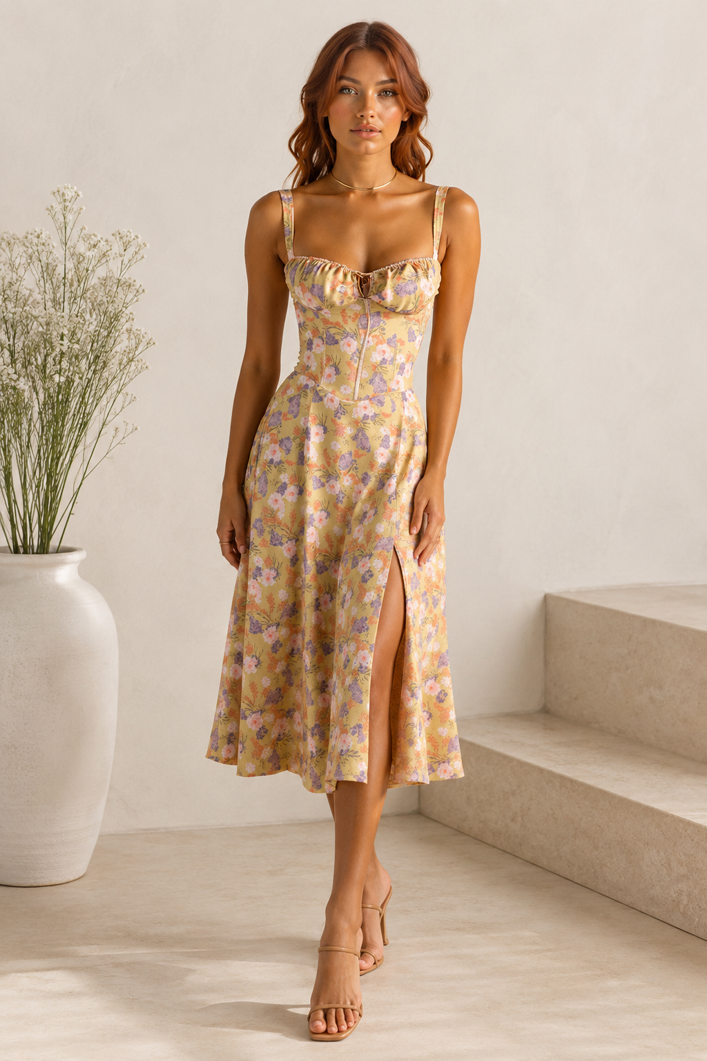 Romy - Floral Corset Midi Dress