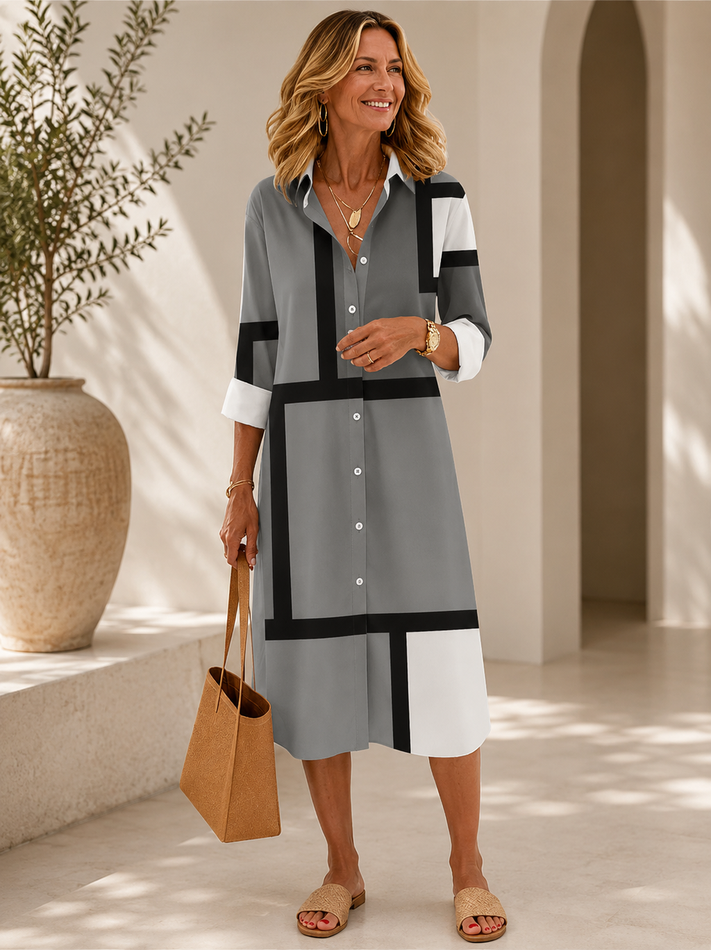 Rianna - Geometric Shirt Midi Dress