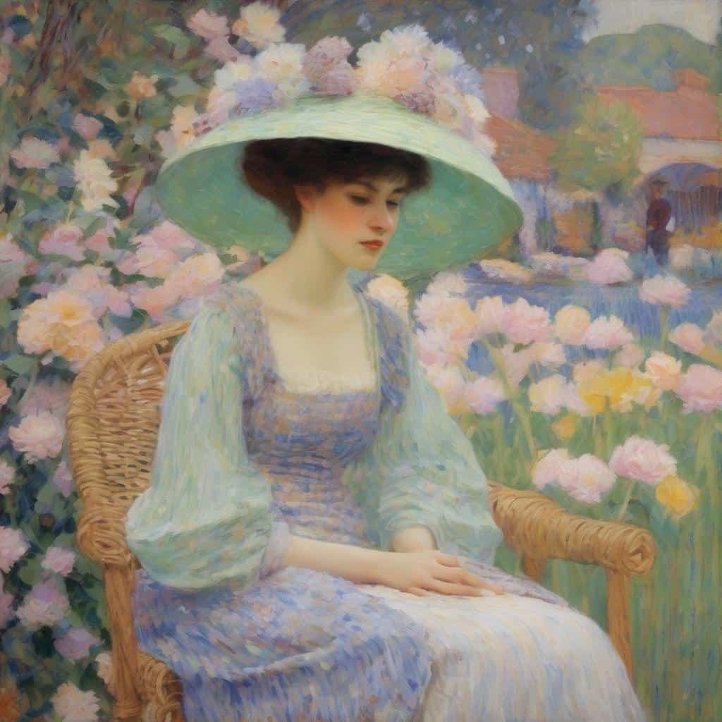 Χαρακτηριστική πορτρέτο γυναίκας με μεγάλο καπέλο σε λουλουδιαστό τοπίο, ζωγραφισμένο από Ιστορικό Πορτρέτο.