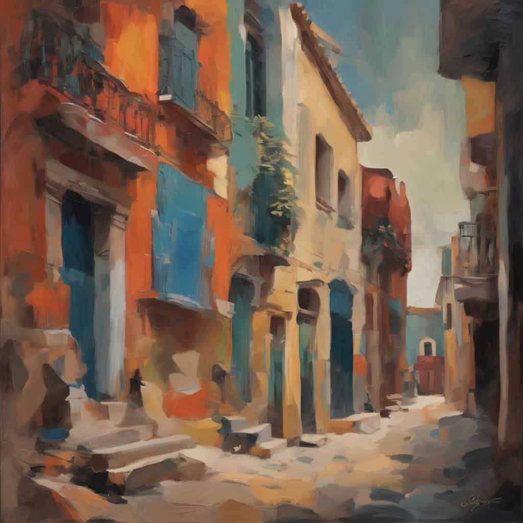 Ζωγραφιά ιστορικών πορτρέτων και αρχιτεκτονική καλλιτεχνική αποτύπωση παραδοσιακής ελληνικής γειτονιάς.