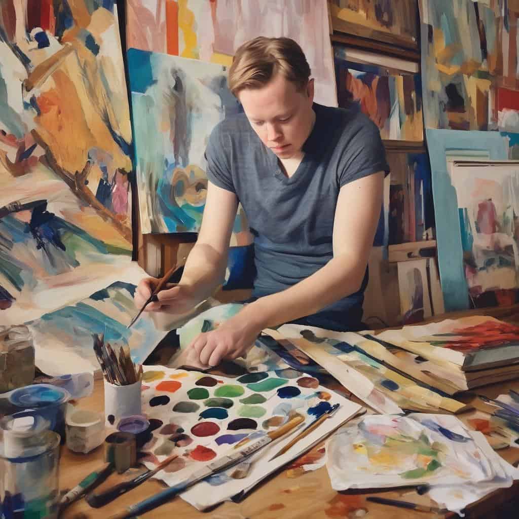 Ζέστης νεαρός ζωγράφος δημιουργεί ιστορικά πορτρέτα με ακρίβεια και πάθος, σε αίθουσα τέχνης γεμάτη πολύχρωμες ζωγραφιές και καμβάδες.