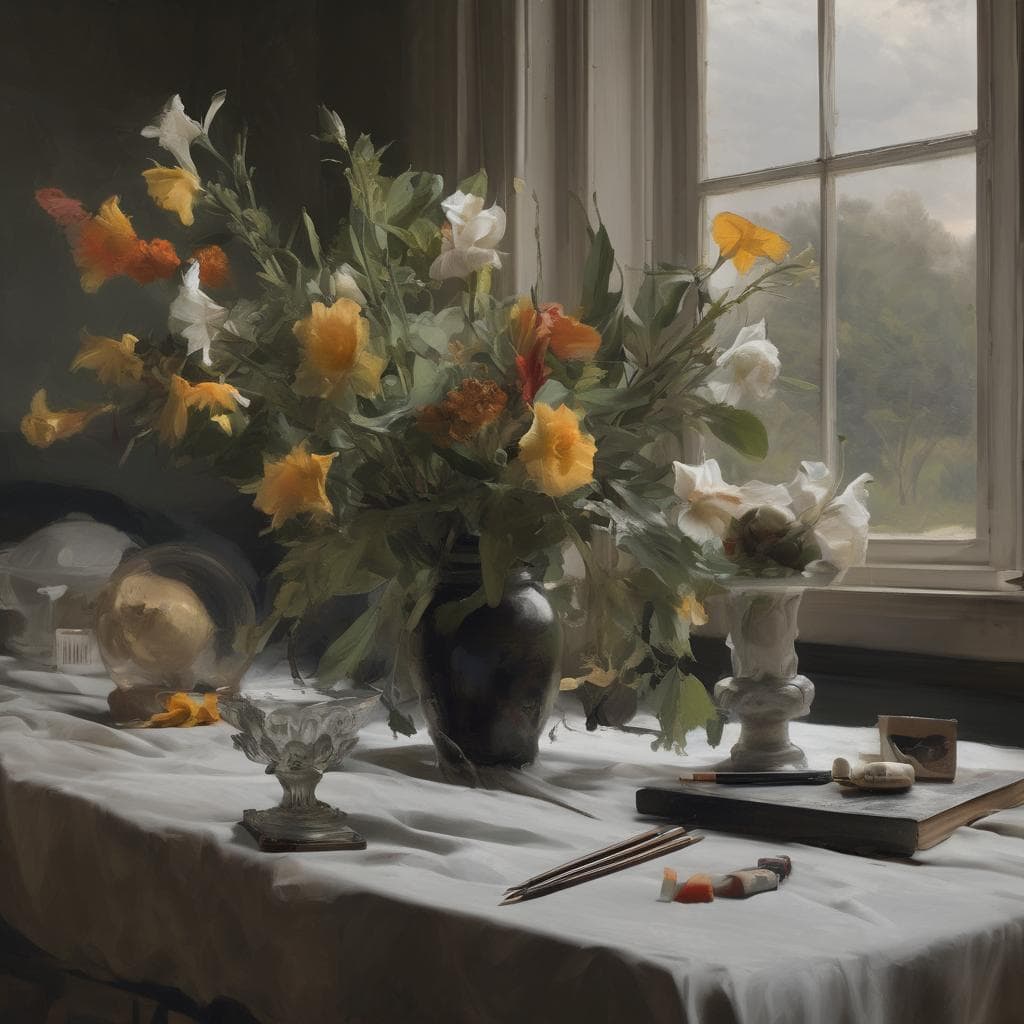 Τεράστια ανθισμένη γάστρα με λευκές και κίτρινες ορχιδέες σε τραπέζι δίπλα σε παράθυρο, με καλλιτεχνικά εργαλεία και βιβλία, σε ρεαλιστικό στυλ.