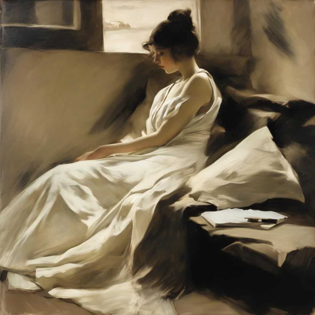 Αγαλματένιο πορτρέτο γυναίκας με λευκό φόρεμα, ζωγραφική εικόνα γυναίκας σε εσωτερικό χώρο, ιστορικά πορτρέτα και οι ζωγράφοι τους, τέχνη και ιστορία της ζωγραφικής, ηρεμία και έκφραση μέσω πορτρέτου.